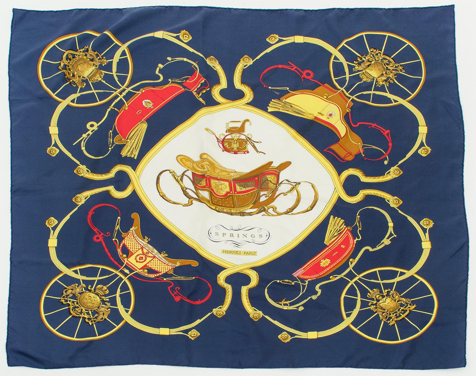 A fitting observation of the Queen’s passing, Philippe Ledoux’s Springs scarf features an array of gold royal carriages, wheels and crests against a navy ground. Created when the Queen was only 48, exactly halfway through her illustrious