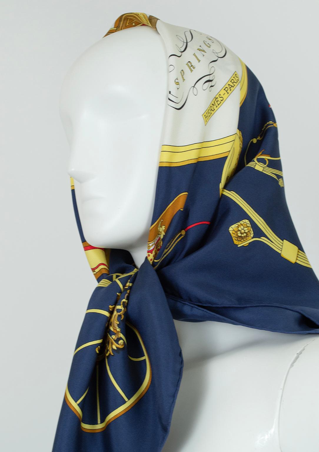 Beige Hermès Springs Navy Silk Twill Carriage Print Scarf, Philippe Ledoux–90 cm, 1974