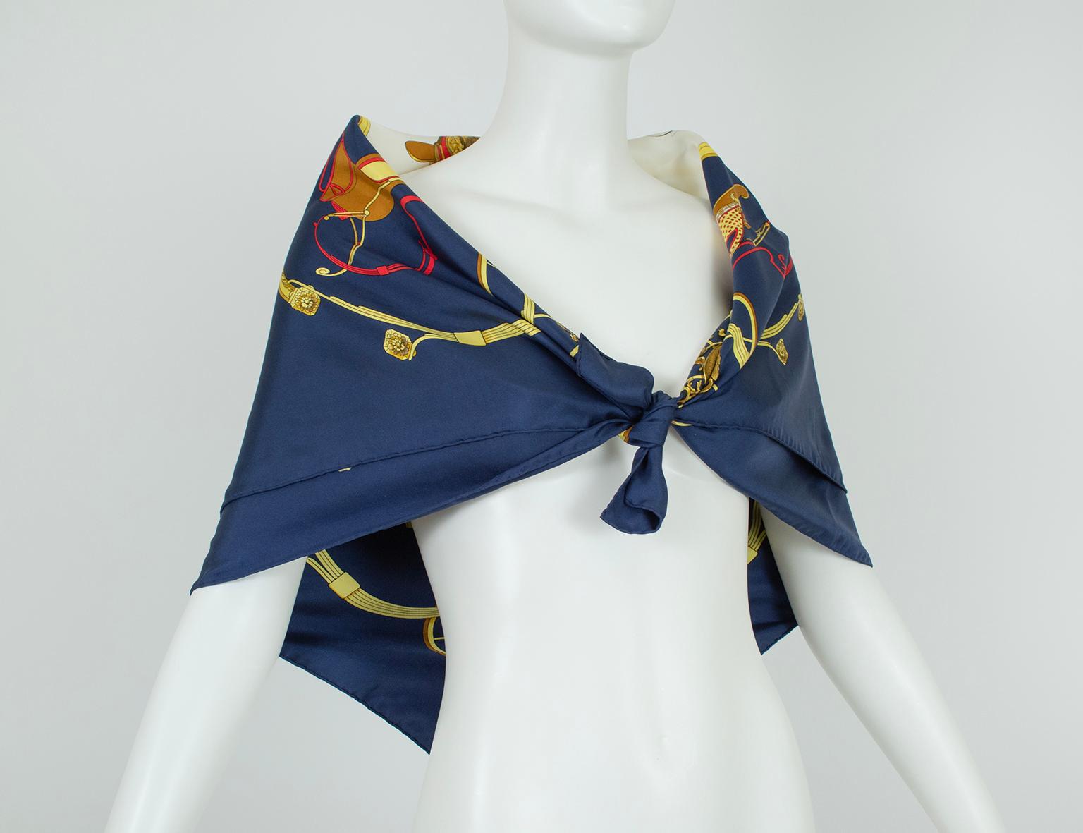 Hermès Springs Navy Silk Twill Carriage Print Scarf, Philippe Ledoux–90 cm, 1974 For Sale 1