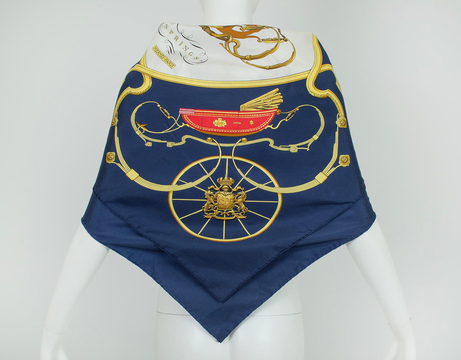 Hermès Springs Navy Silk Twill Carriage Print Scarf, Philippe Ledoux–90 cm, 1974 For Sale 2