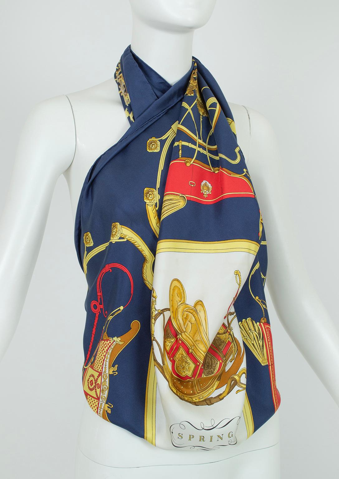 Hermès Springs Navy Silk Twill Carriage Print Scarf, Philippe Ledoux–90 cm, 1974 For Sale 3