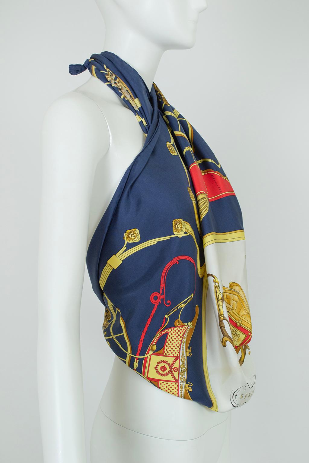 Hermès Springs Navy Silk Twill Carriage Print Scarf, Philippe Ledoux–90 cm, 1974 For Sale 4