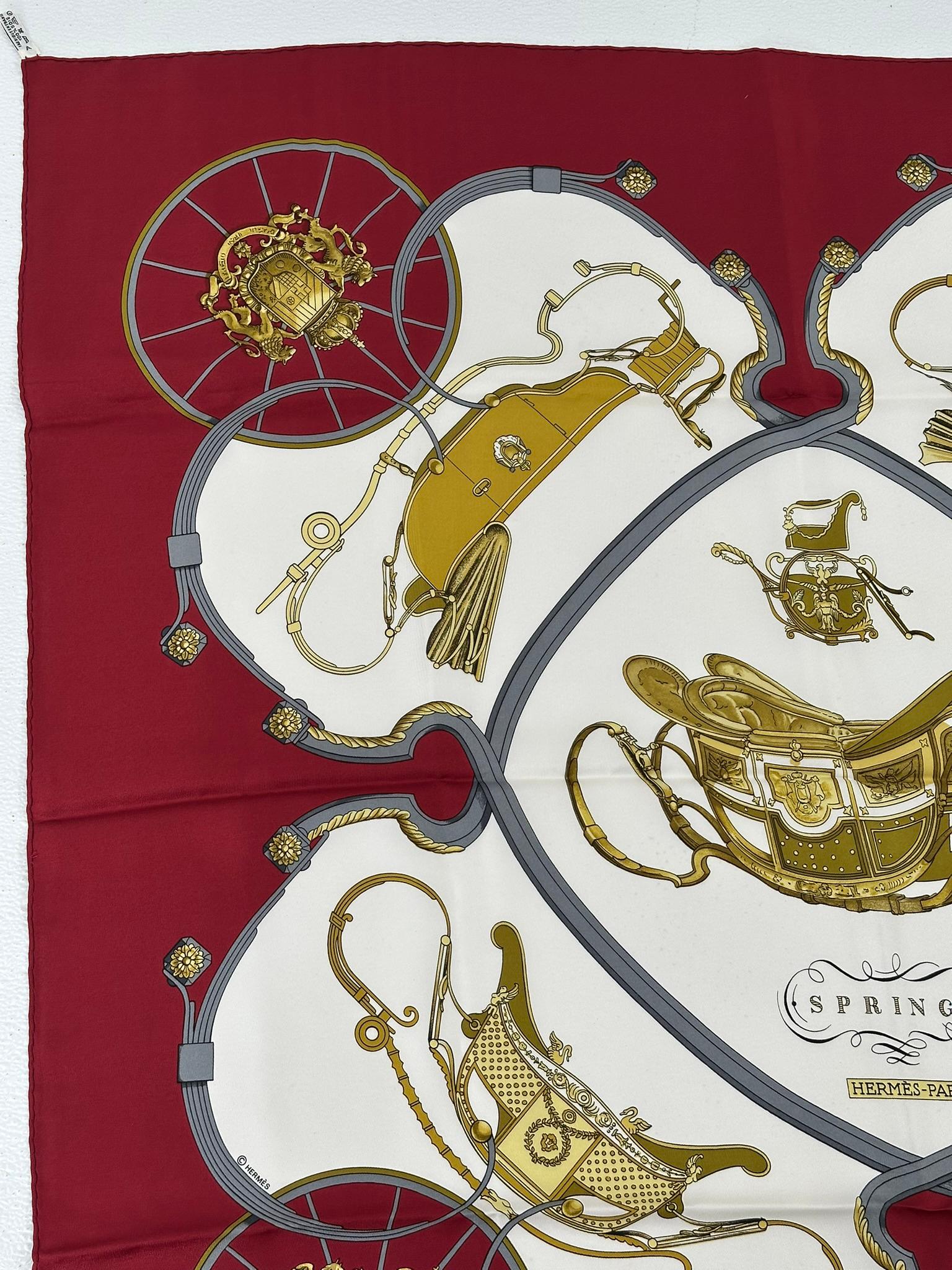 Sciarpa in twill di seta Hermès Springs in borgogna e crema di Philippe Ledoux in vendita 4