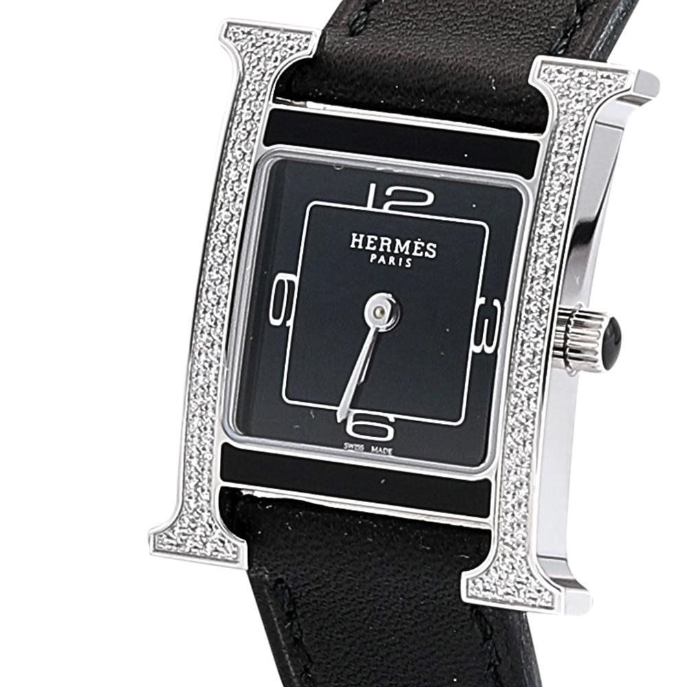Hermes Stainless Diamond Leather Heure H W046478WW00 Women's Wristwatch 21 mm In Excellent Condition In Dubai, Al Qouz 2