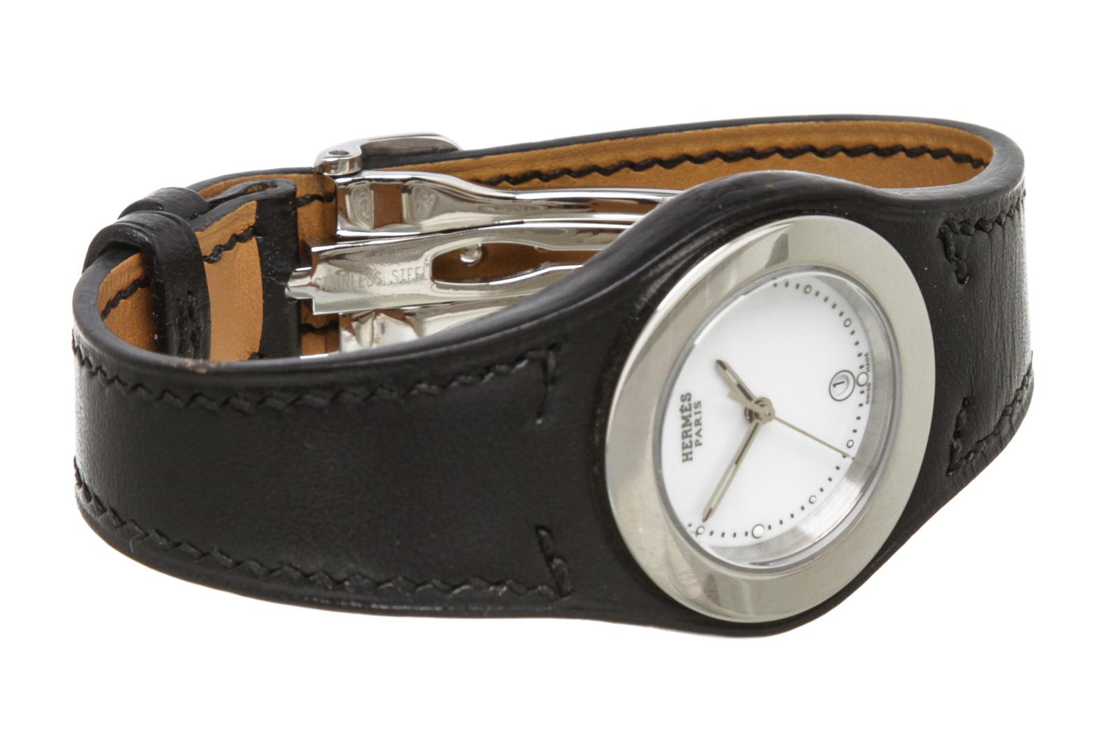 Hermes Stainless Steel Black Leather Harnais Watch In Good Condition In Irvine, CA