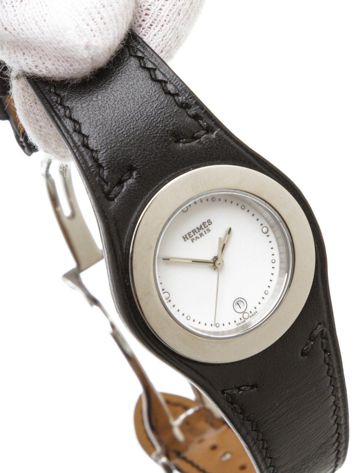 Hermes Stainless Steel Black Leather Harnais Watch For Sale 2