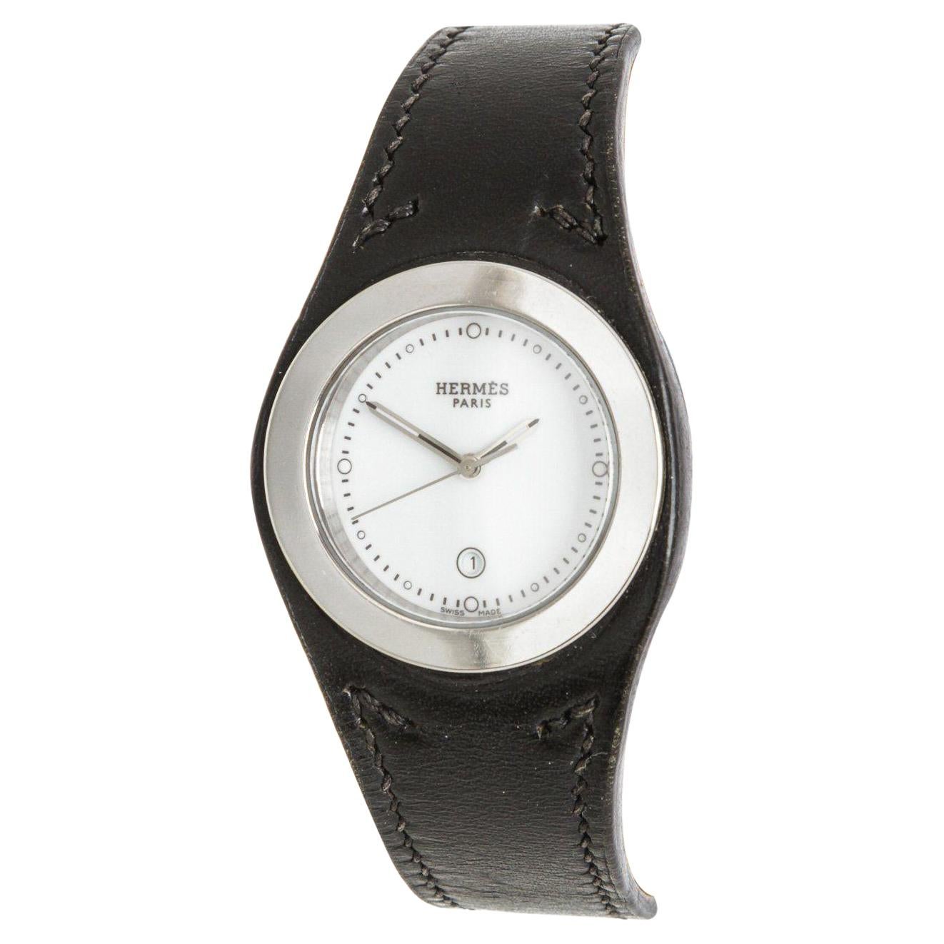 Hermes Stainless Steel Black Leather Harnais Watch For Sale