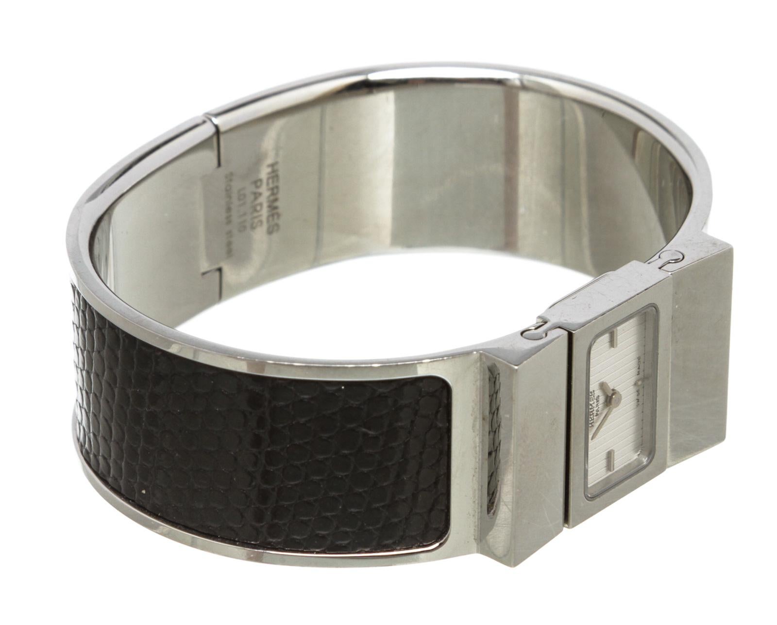 Hermes Stainless Steel Black Lizard Loquet Bracelet Watch 1
