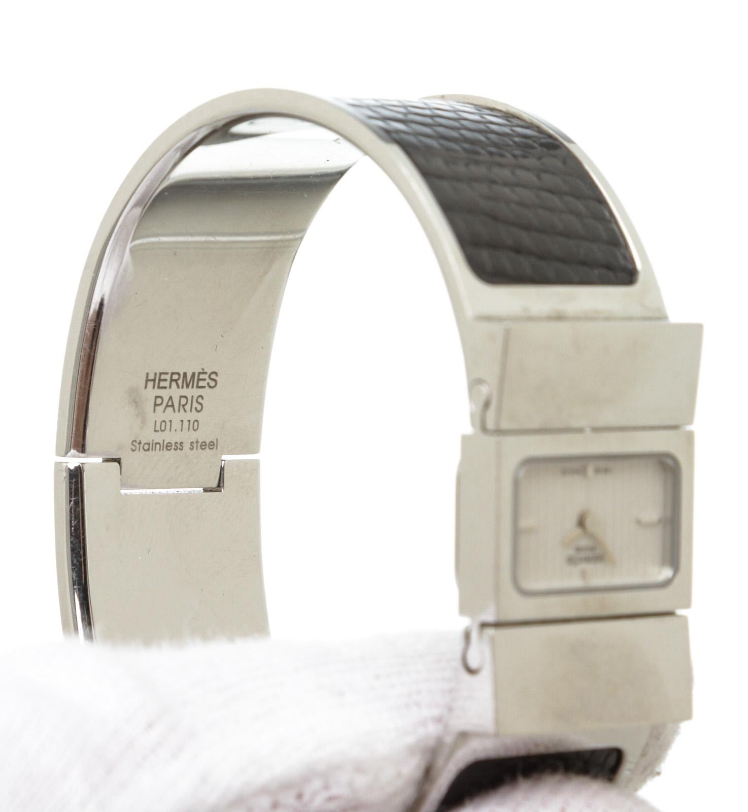 Hermes Stainless Steel Black Lizard Loquet Bracelet Watch 4