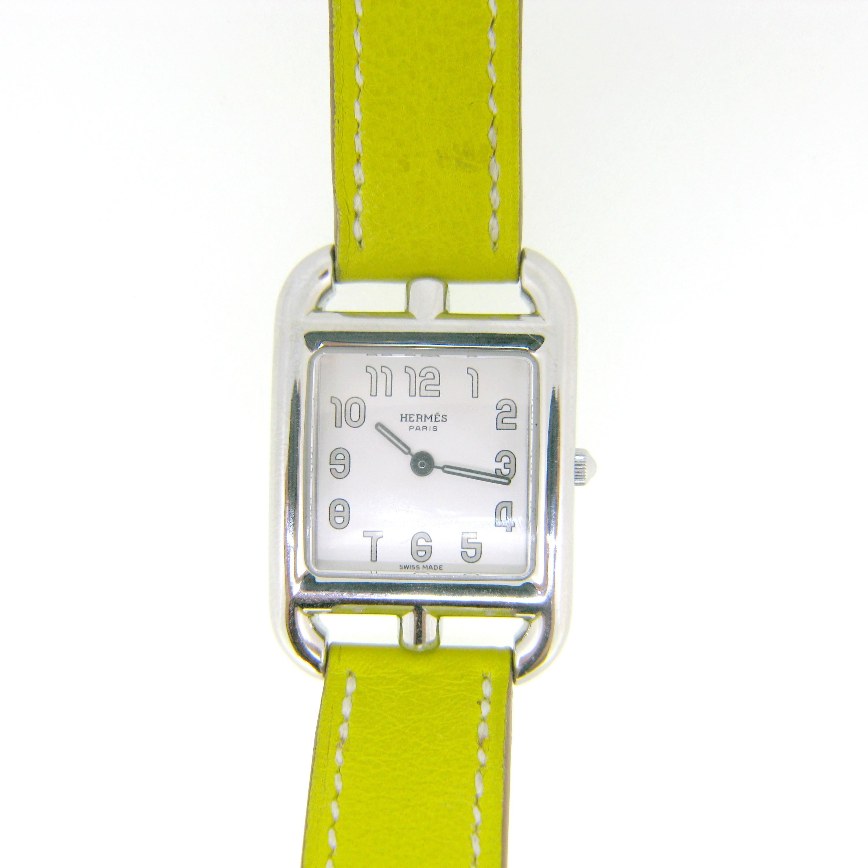 Women's or Men's Hermes Stainless Steel Cape Cod Quartz Double Strap Leather Wristwatch