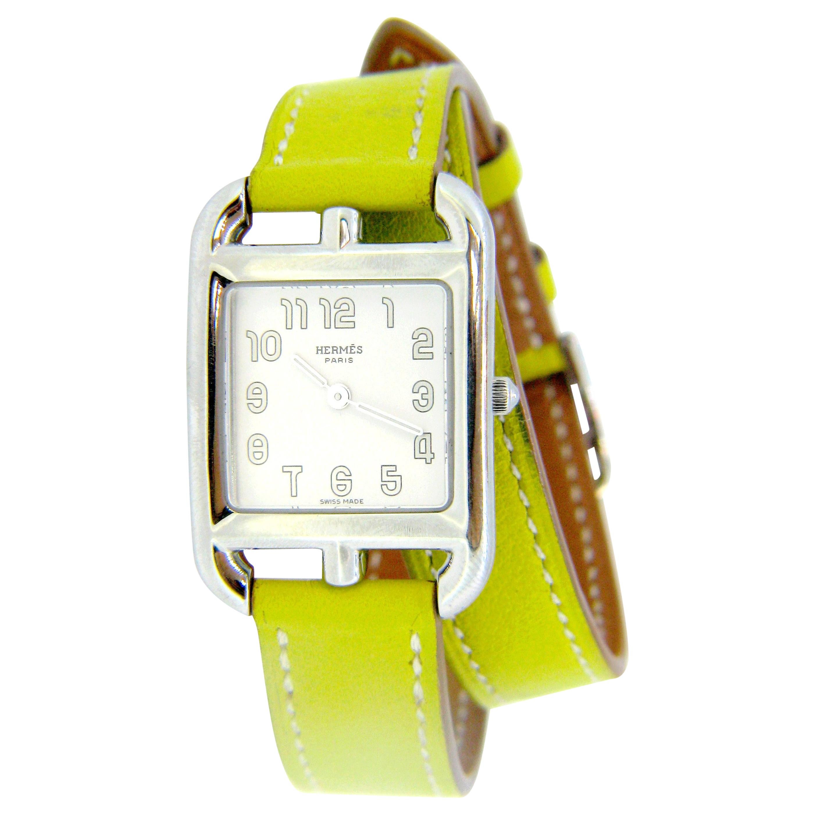 Hermes Stainless Steel Cape Cod Quartz Double Strap Leather Wristwatch