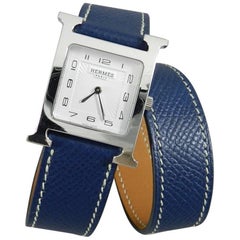 Hermes Stainless steel H Heure Double Tour Medium Epsom Blue quartz Wristwatch