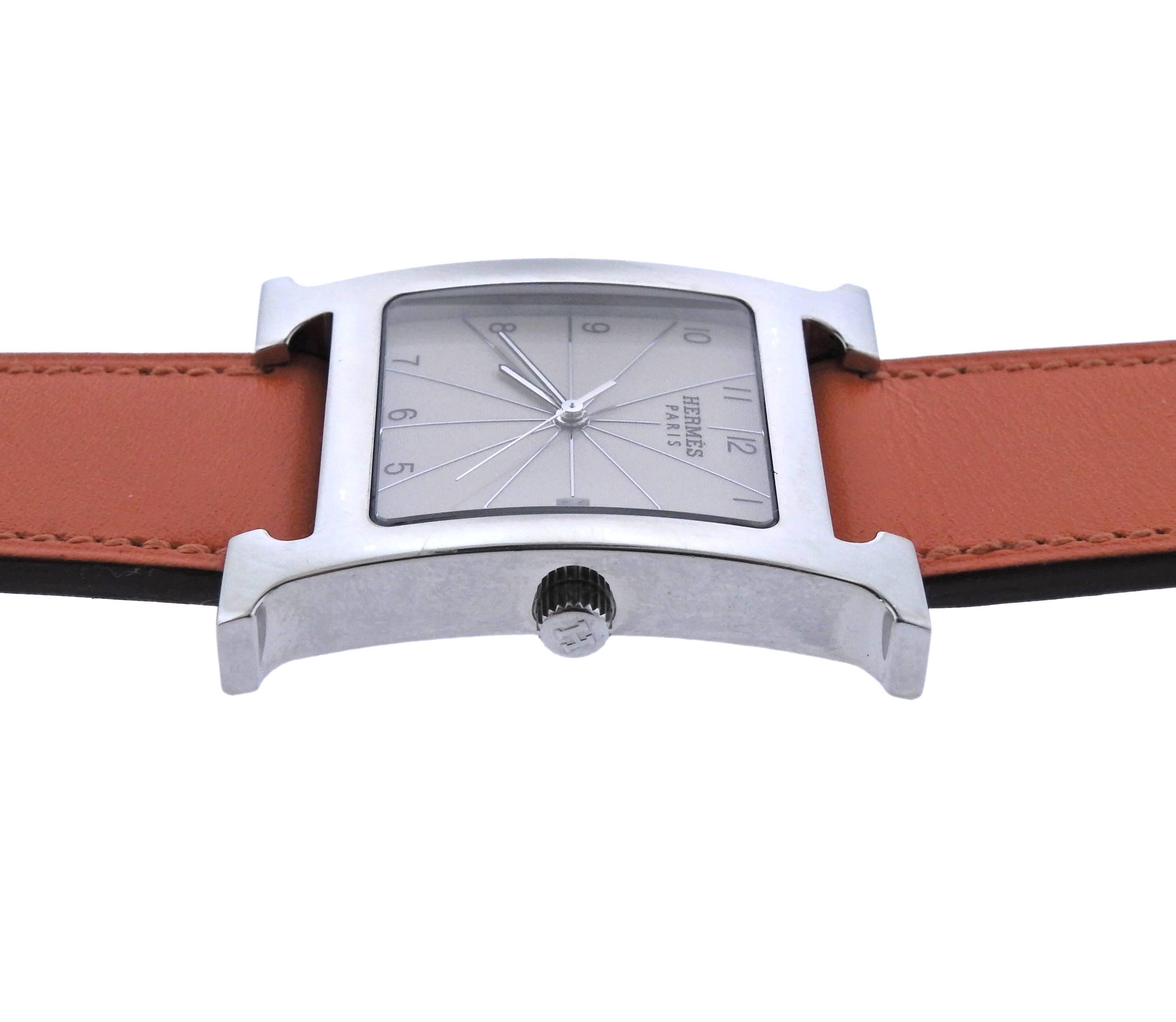 Hermès Stainless Steel H Hour Orange Band quartz Wristwatch Ref HH1.810 In Excellent Condition In Lambertville, NJ