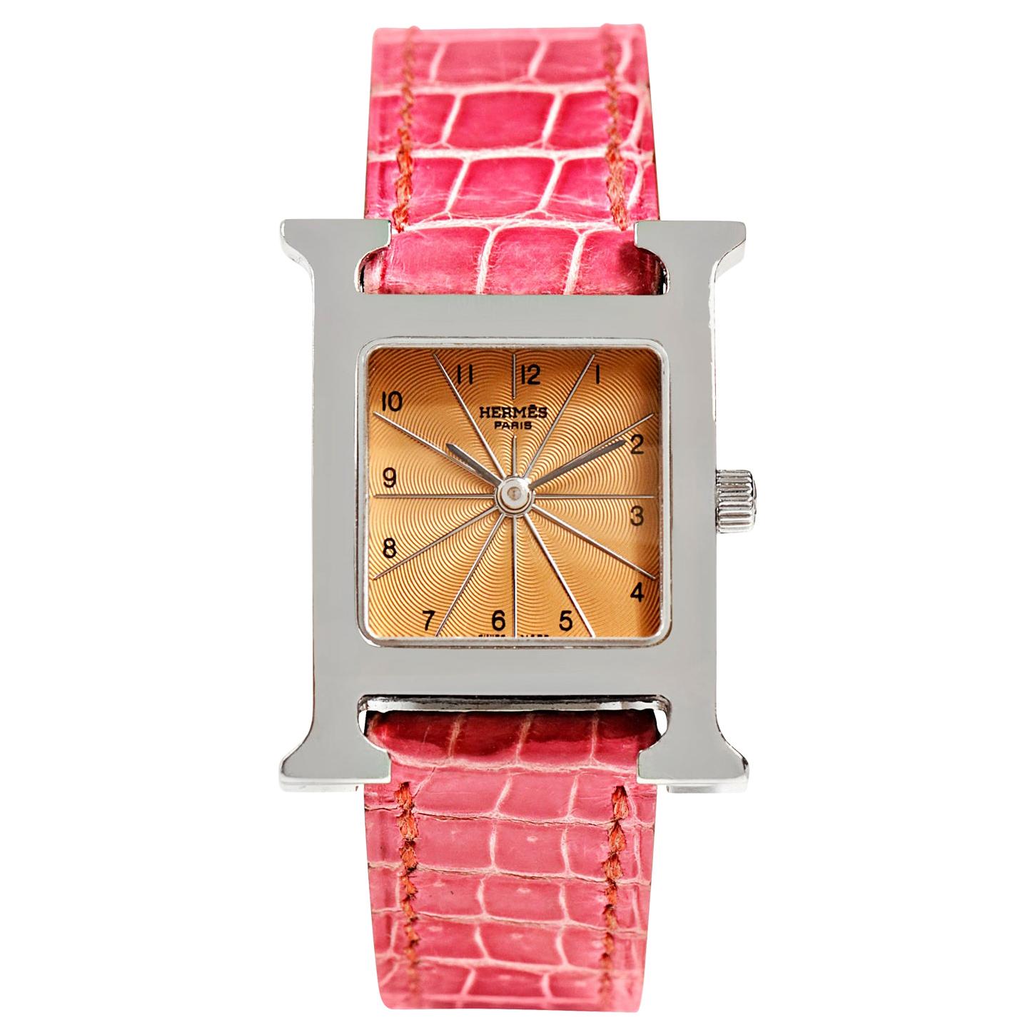 Hermès Stainless Steel Heure H Watch with Pink Croc Band