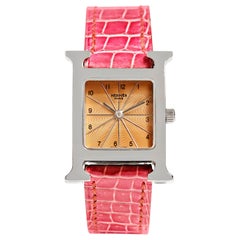 Hermès - Montre Heure H en acier inoxydable avec bracelet en croco rose