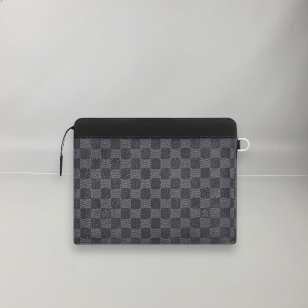 Hermes Standing Pouch Checkered Graphite Canvas In New Condition In Nicosia, CY