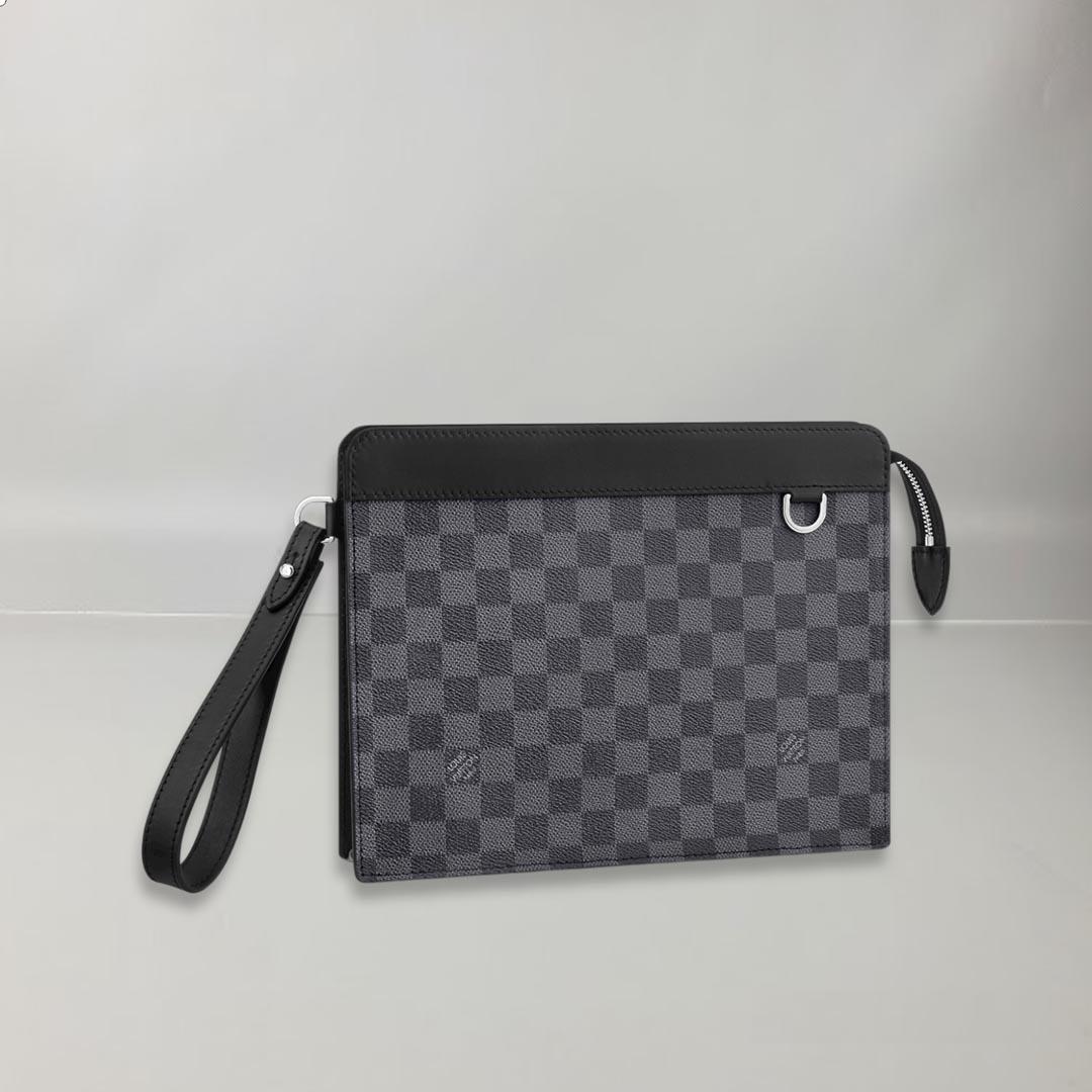 Hermes Standing Pouch Checkered Graphite Canvas 1