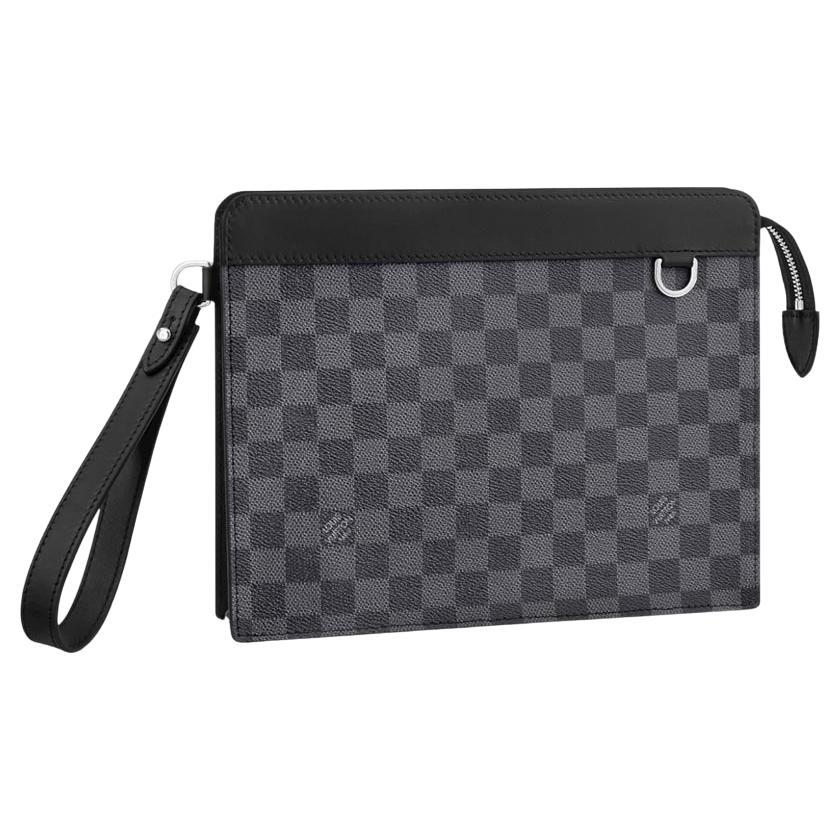 Hermes Standing Pouch Checkered Graphite Canvas