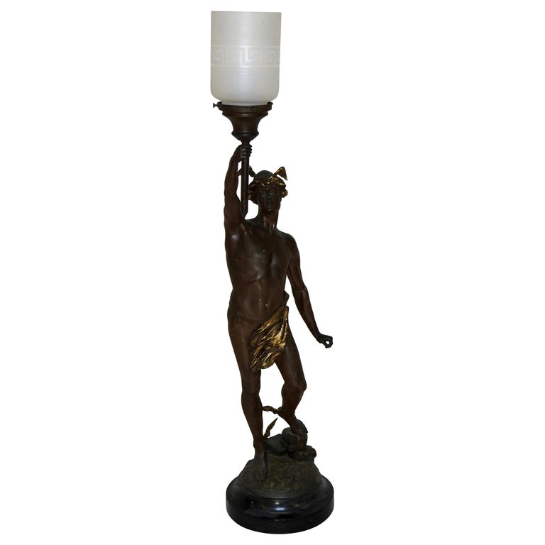 Hermès Statue Lamp with Greek Key Glass Shade For Sale at 1stdibs