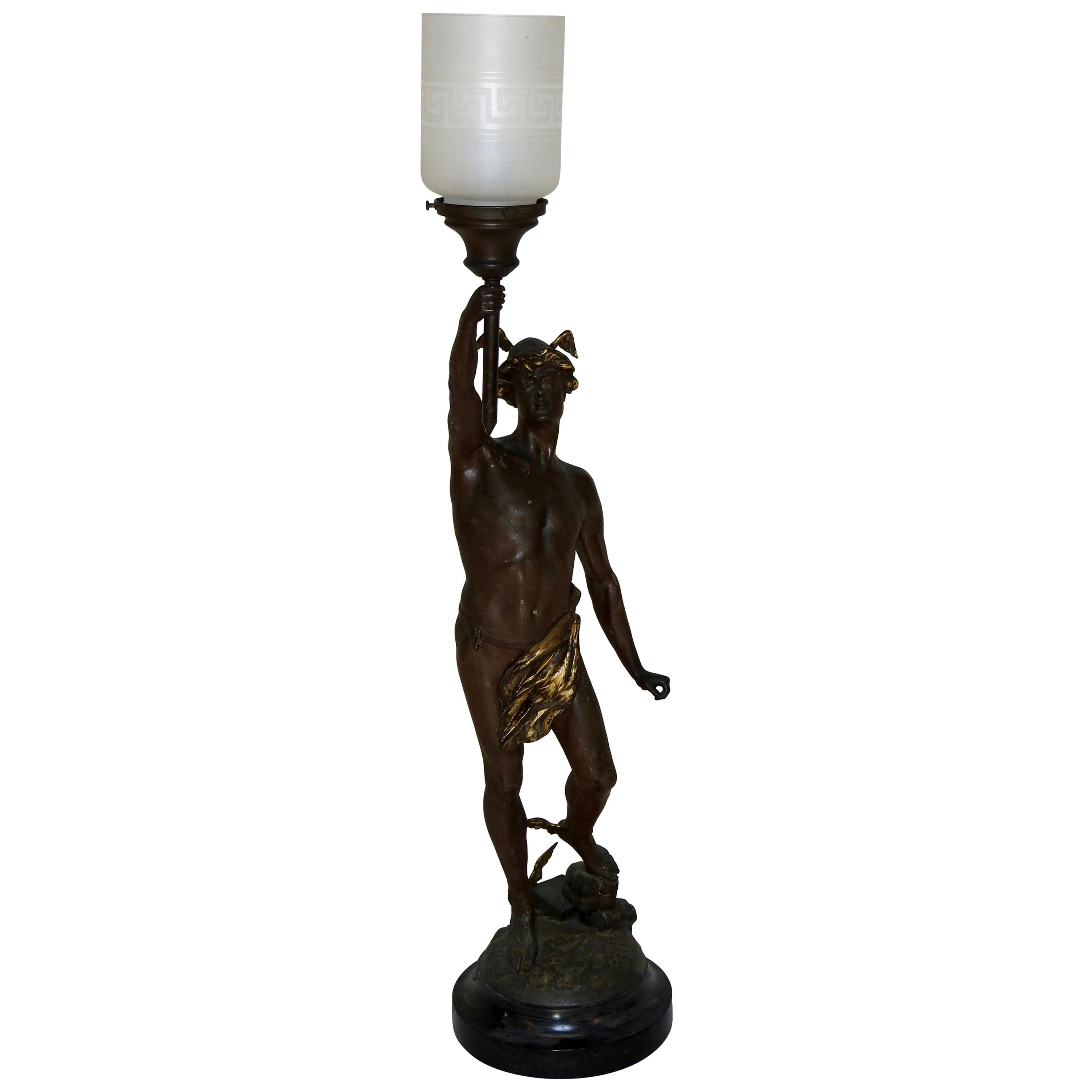Hermès Statue Lamp with Greek Key Glass Shade For Sale