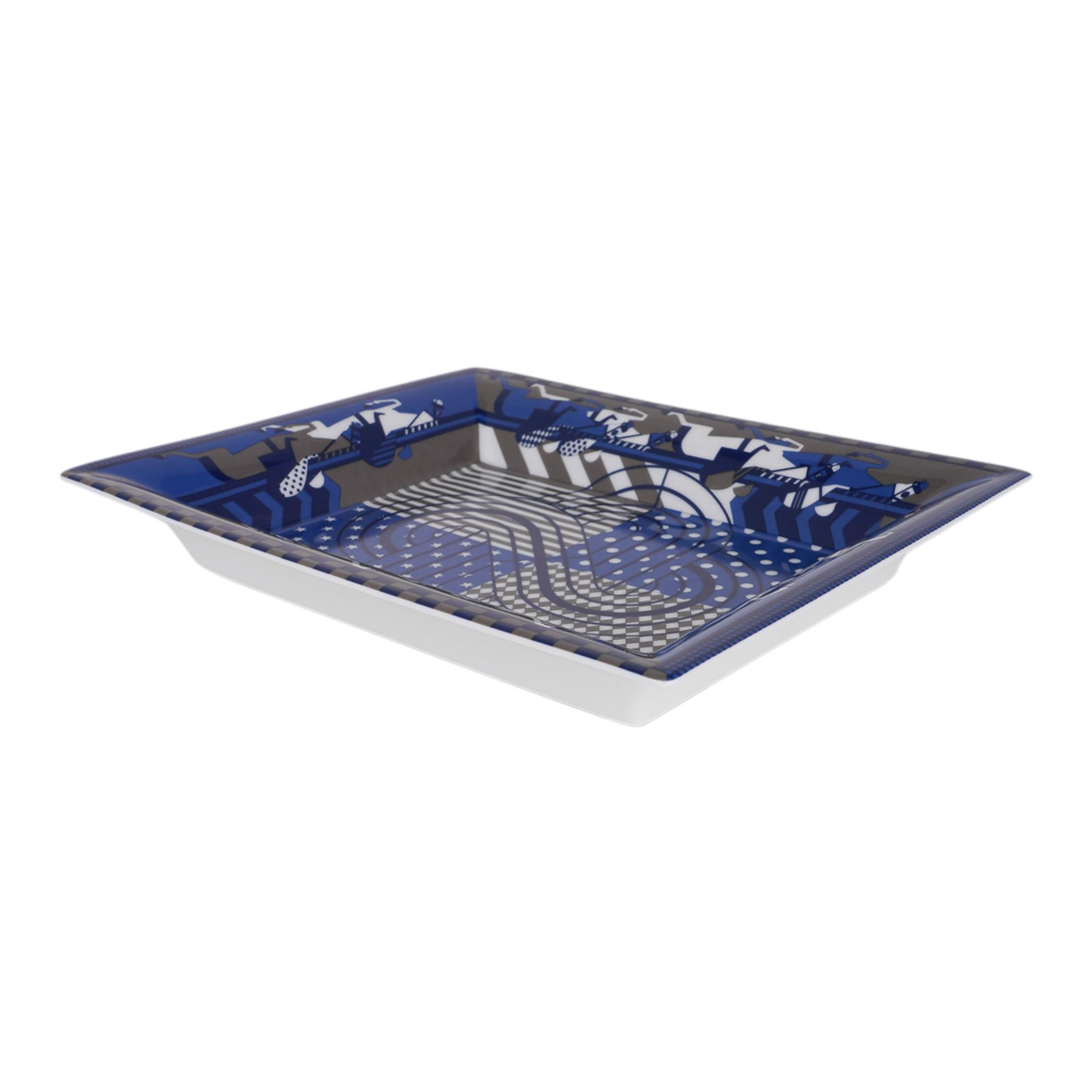 Hermes Steeple Chase Blue / Etoupe Limoges Porcelain Change Tray For Sale 1