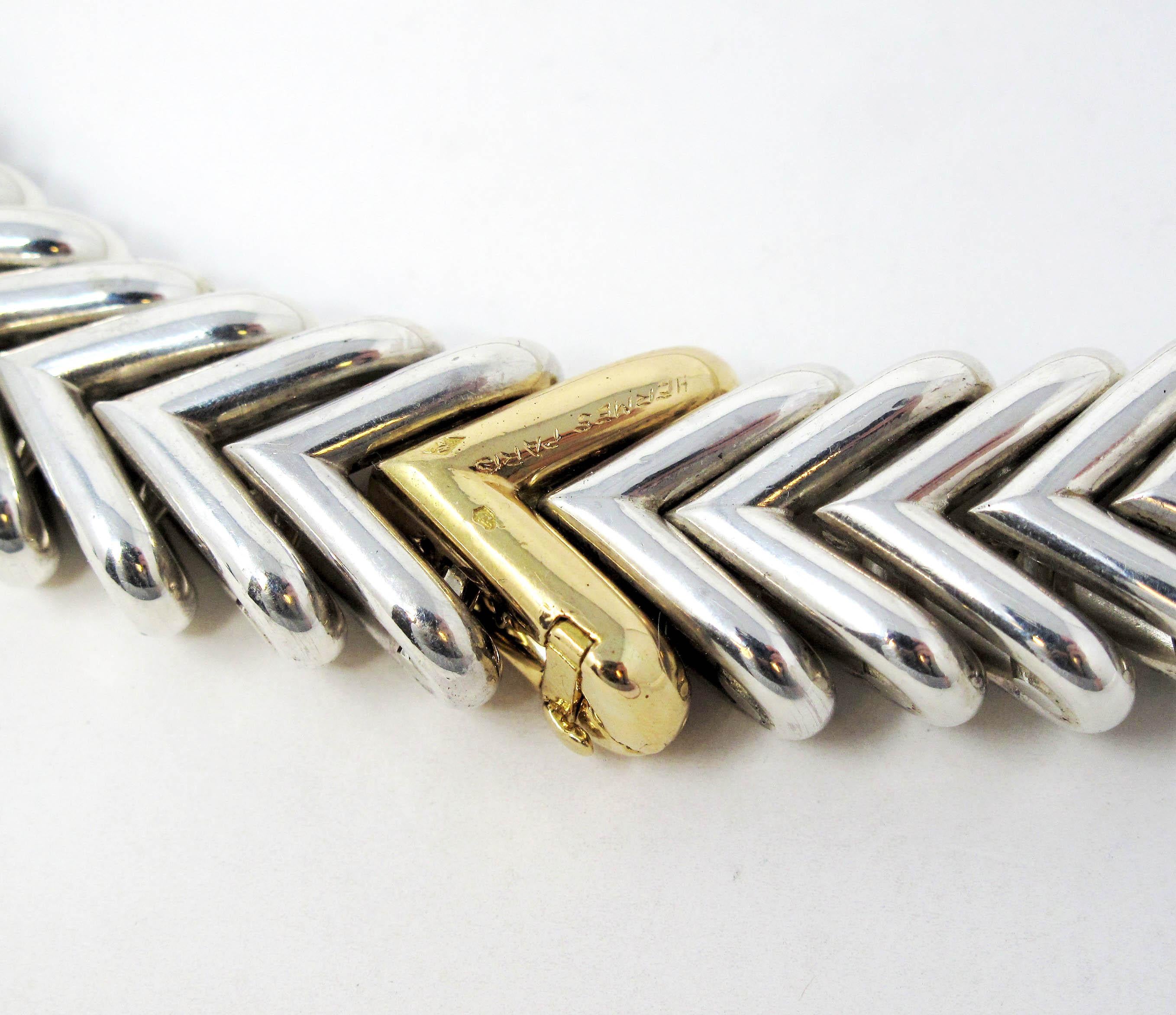 Hermes Sterling Silver and 18 Karat Yellow Gold Chevron Link Necklace 392 Grams In Good Condition In Scottsdale, AZ