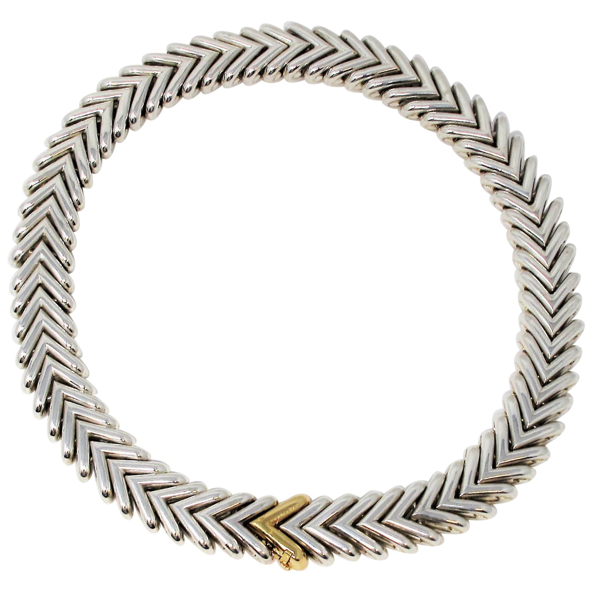 Hermes Sterling Silver and 18 Karat Yellow Gold Chevron Link Necklace 392 Grams