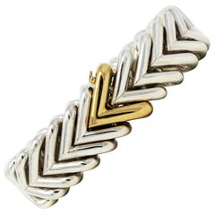 Hermes Sterling Silver and 18 Karat Yellow Gold Heavy Chevron Link Bracelet