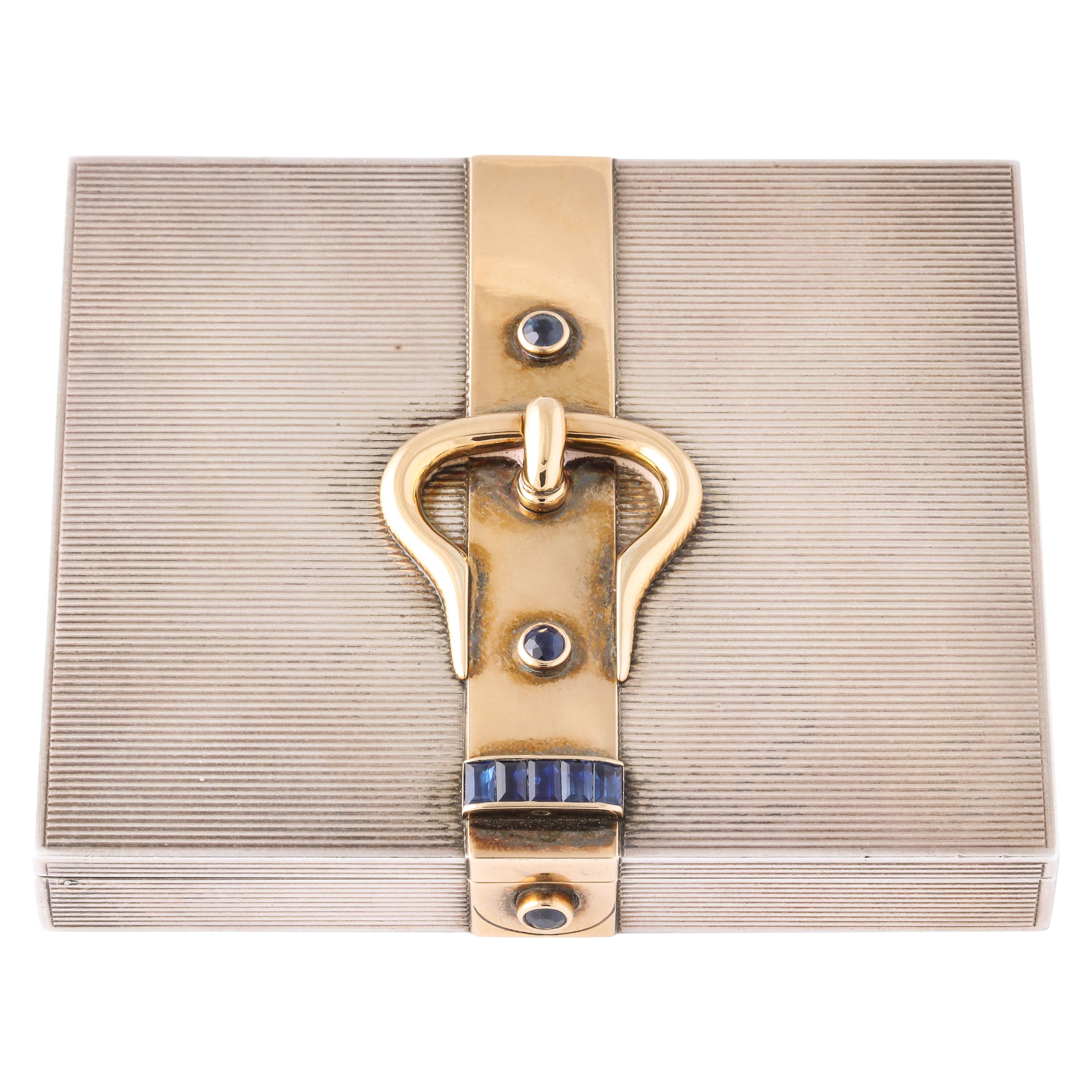 Hermès Sterling Silver and Gold Compact with Bezel and Baguette Sapphires For Sale