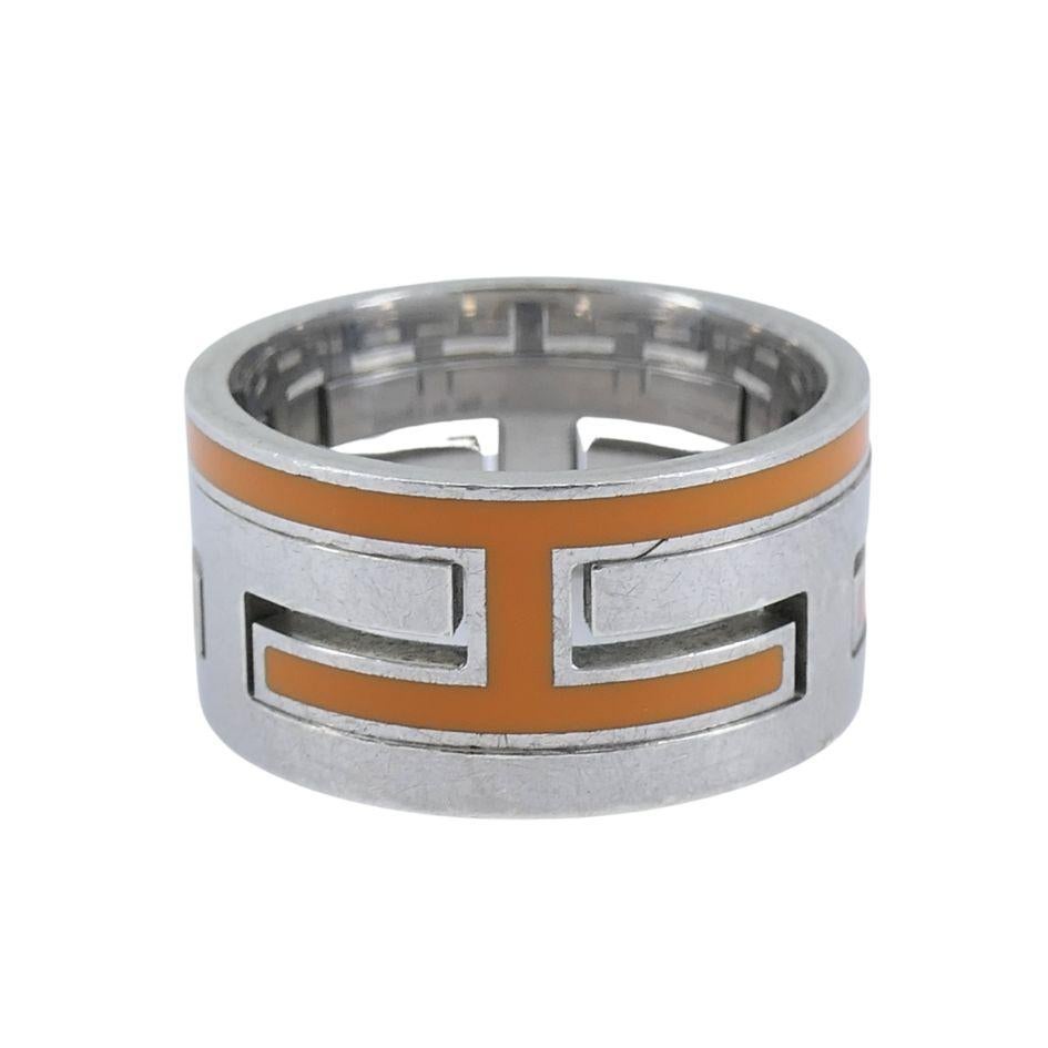 da uomo o donna Anello a fascia con motivo H. H. di Hermès in argento sterling e smalto arancione in vendita