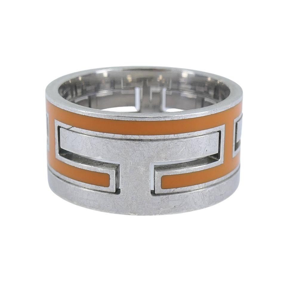 Anello a fascia con motivo H. H. di Hermès in argento sterling e smalto arancione in vendita 1