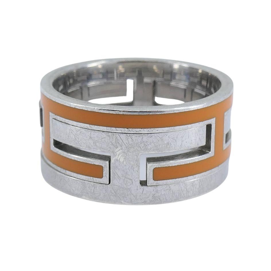 Anello a fascia con motivo H. H. di Hermès in argento sterling e smalto arancione in vendita 2