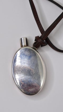 Hermes Sterling Silver Perfume Bottle Pendant Leather Necklace