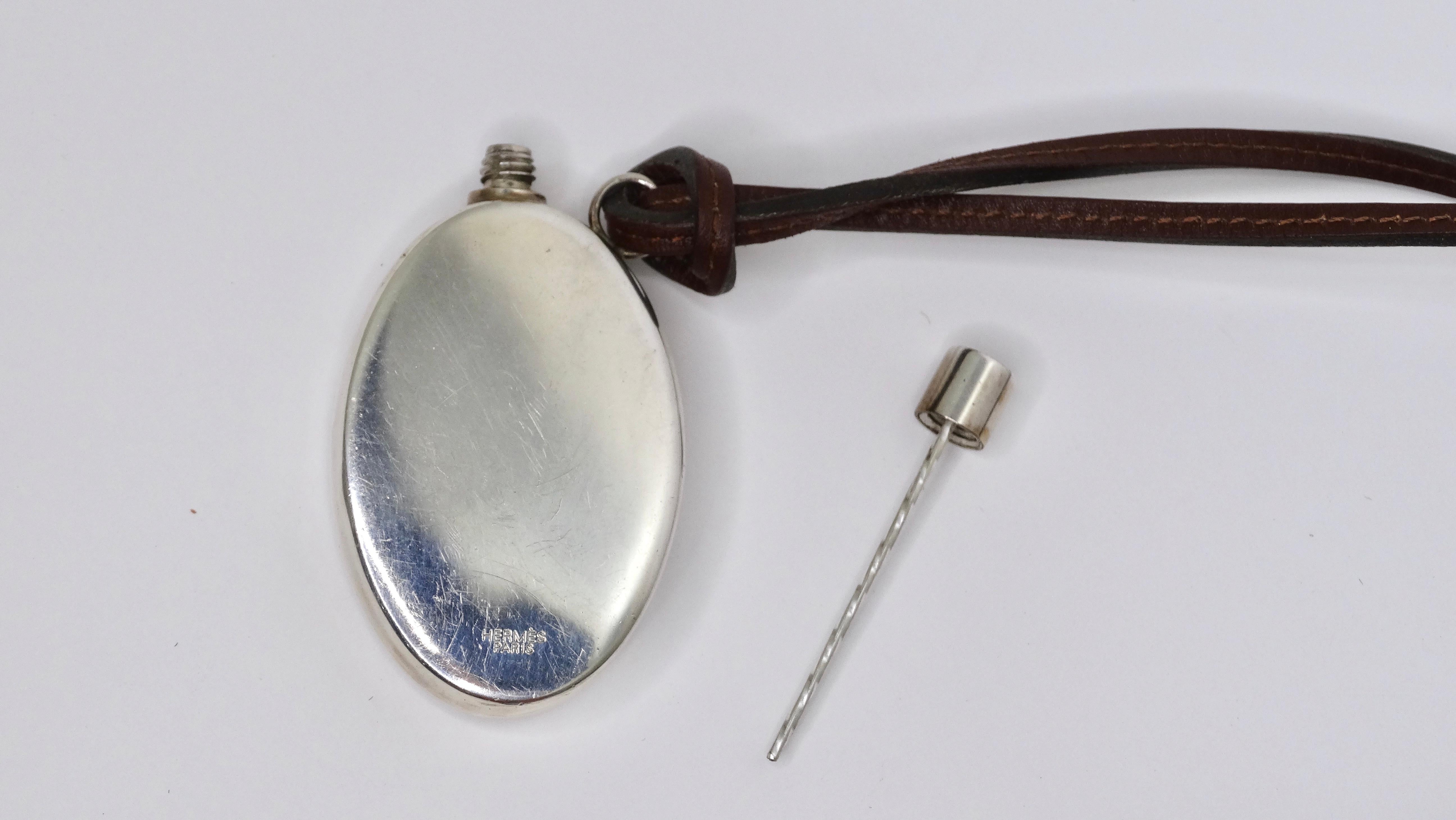 Hermes Sterling Silver Perfume Bottle Pendant Leather Necklace In Fair Condition In Scottsdale, AZ