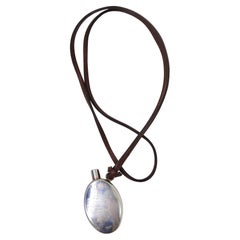 Retro Hermes Sterling Silver Perfume Bottle Pendant Leather Necklace