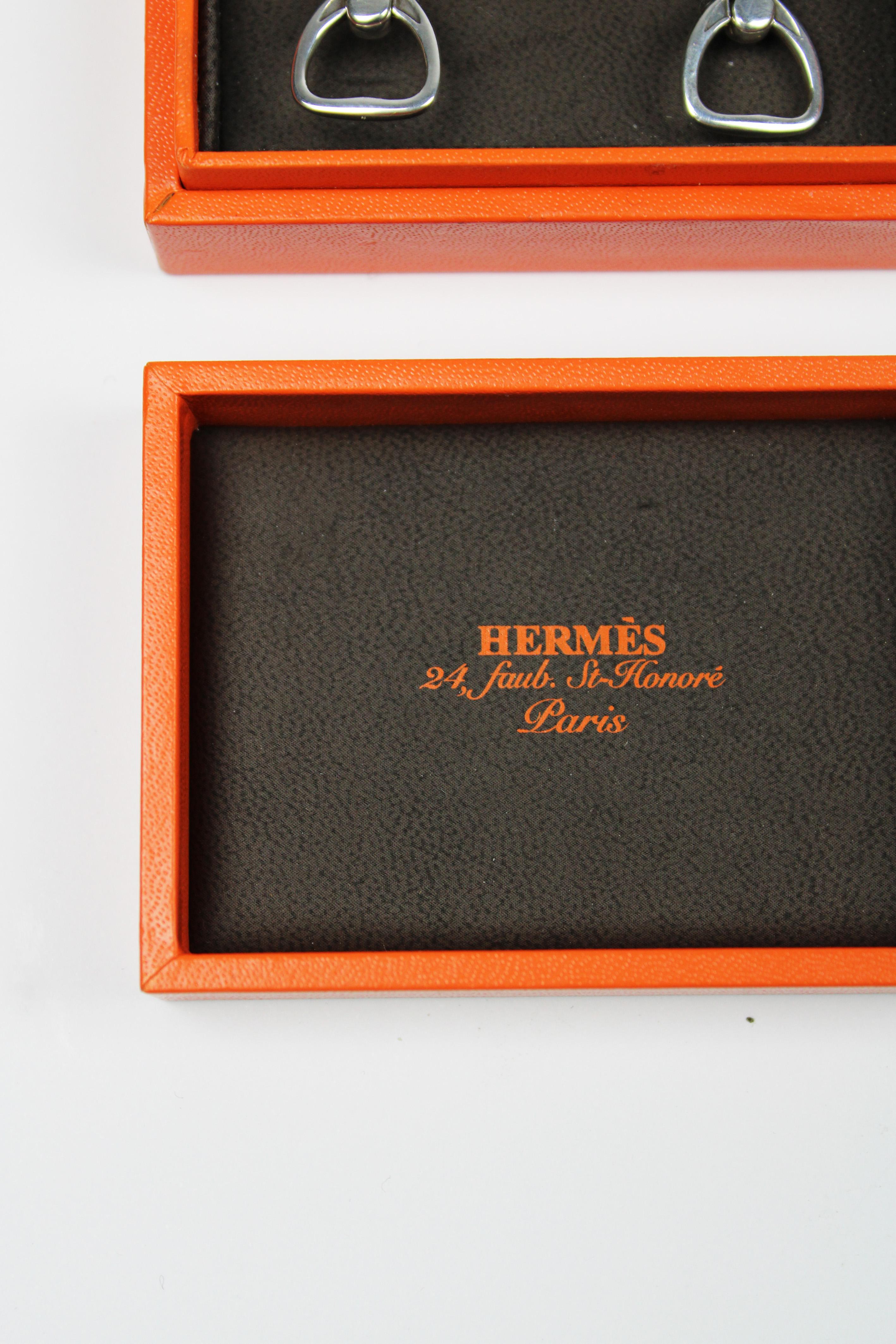 Hermès Sterling Silber Steigbügel Manschettenknöpfe Box Paris Frankreich 21. im Angebot 1