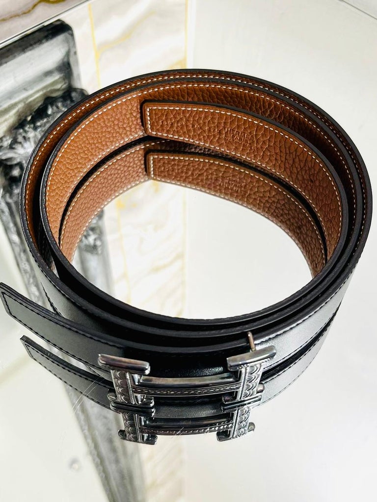 Hermes Belt with Silver Carved H Buckle in Black and Tan Reversible Leather Size 90 NEW Hermes SILVER Constance H Men Belt & Reversible  main image 4