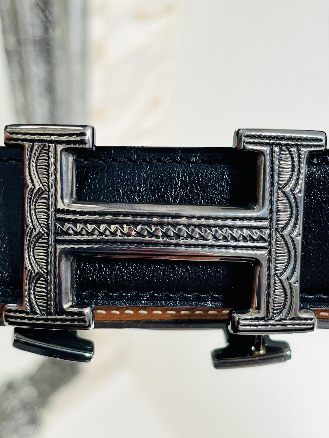 Women's or Men's Hermes  Sterling Silver Touareg Buckle & Leather Belt Set For Sale