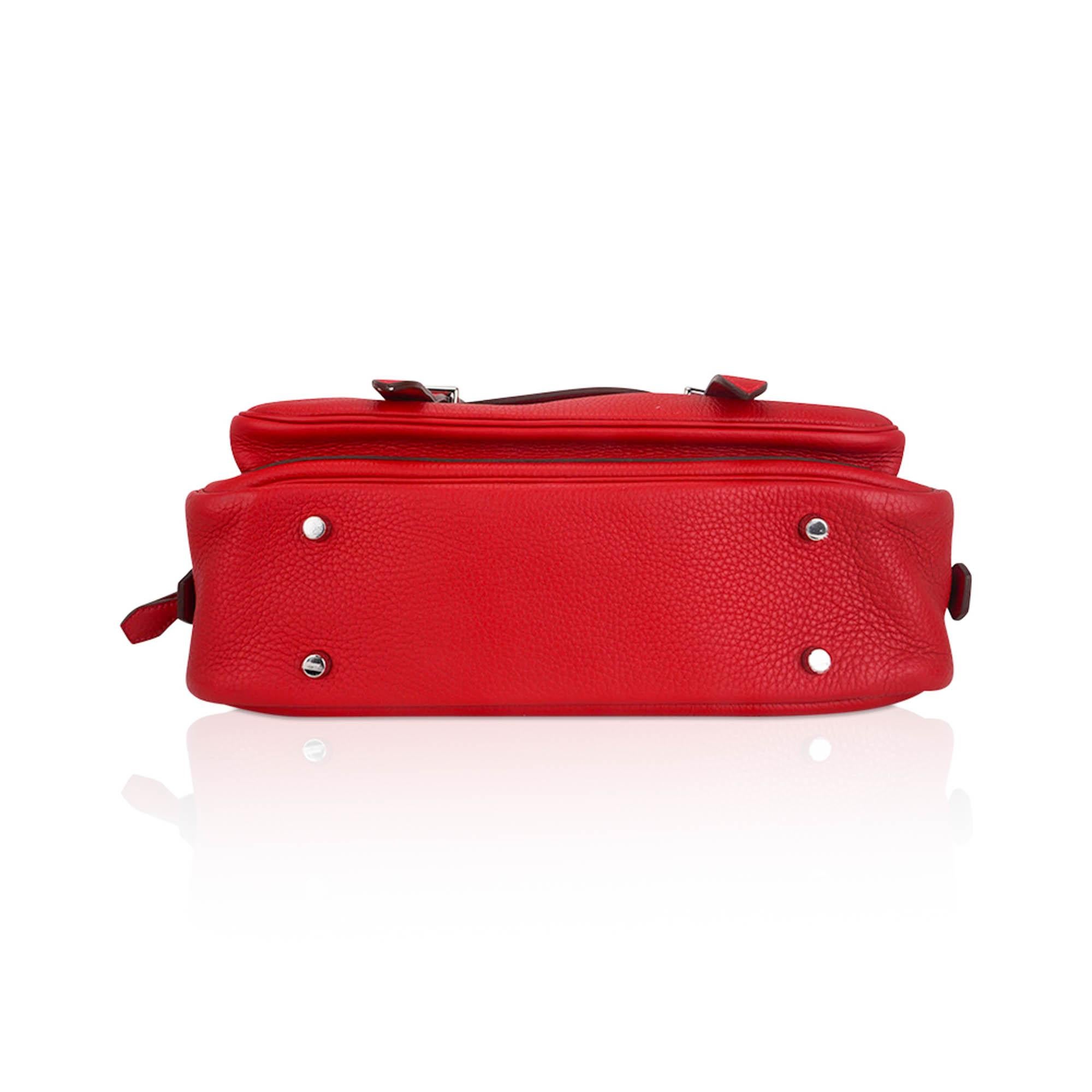 Hermes Steve Messenger 35 Borsa Rouge Casaque Clemence Pelle Palladium Hardware in vendita 5