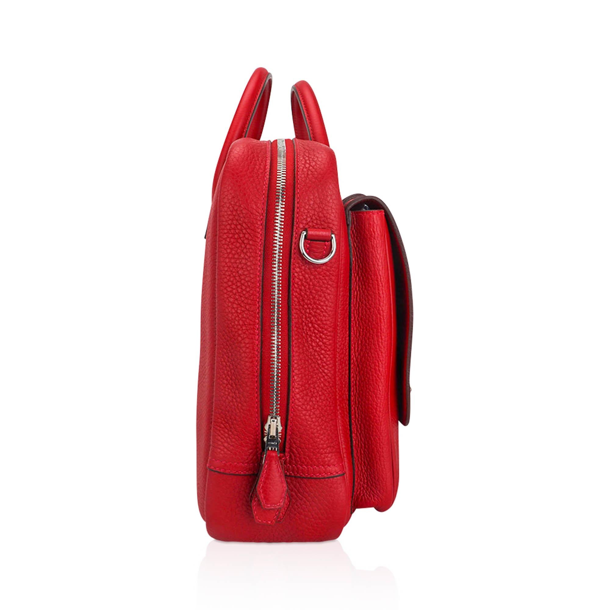 Hermes Steve Messenger 35 Borsa Rouge Casaque Clemence Pelle Palladium Hardware in vendita 6