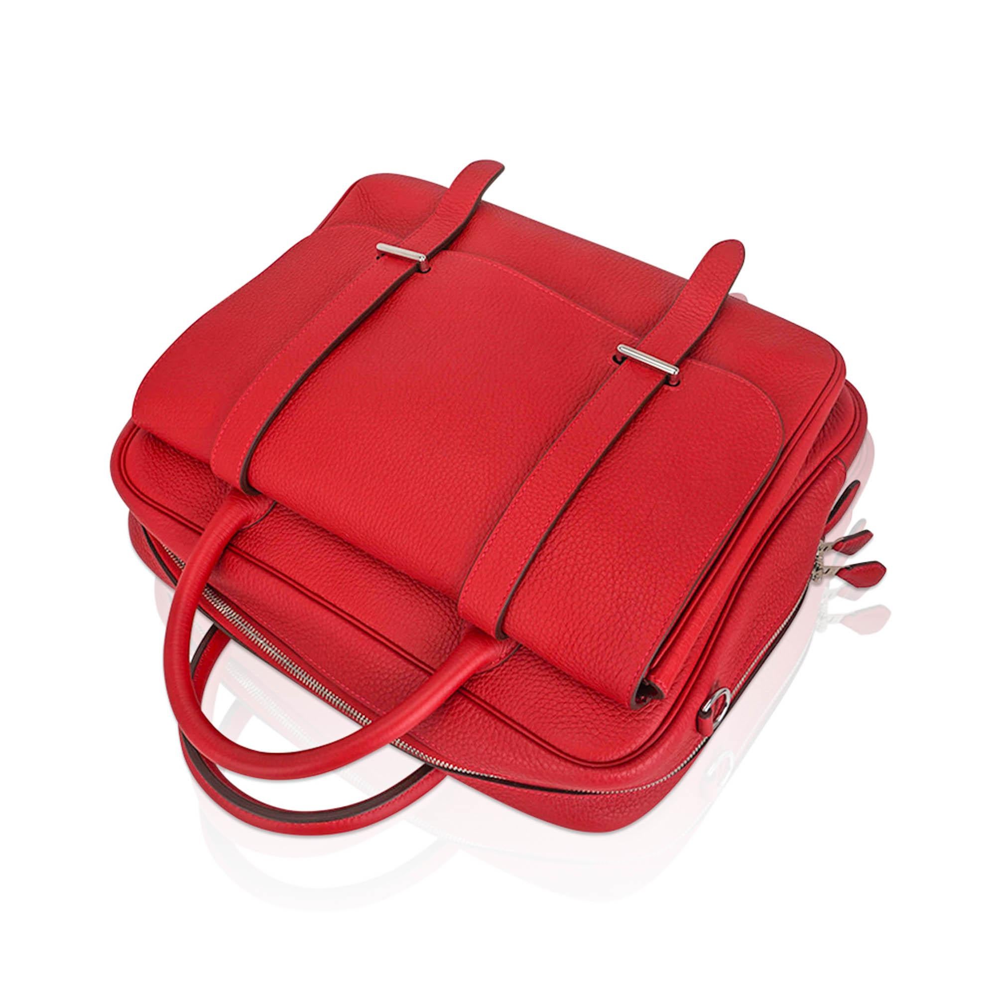 Hermes Steve Messenger 35 Borsa Rouge Casaque Clemence Pelle Palladium Hardware in vendita 2