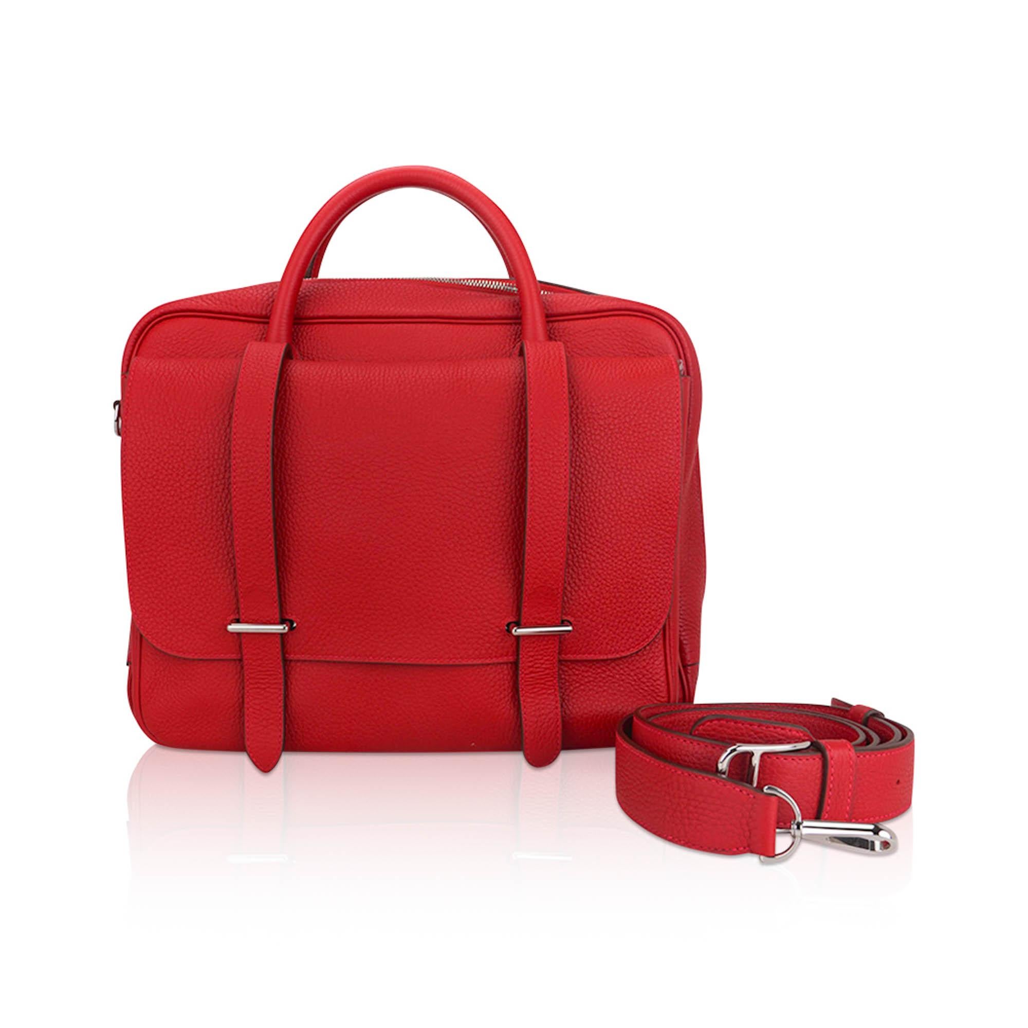 Hermes Steve Messenger 35 Borsa Rouge Casaque Clemence Pelle Palladium Hardware in vendita 3