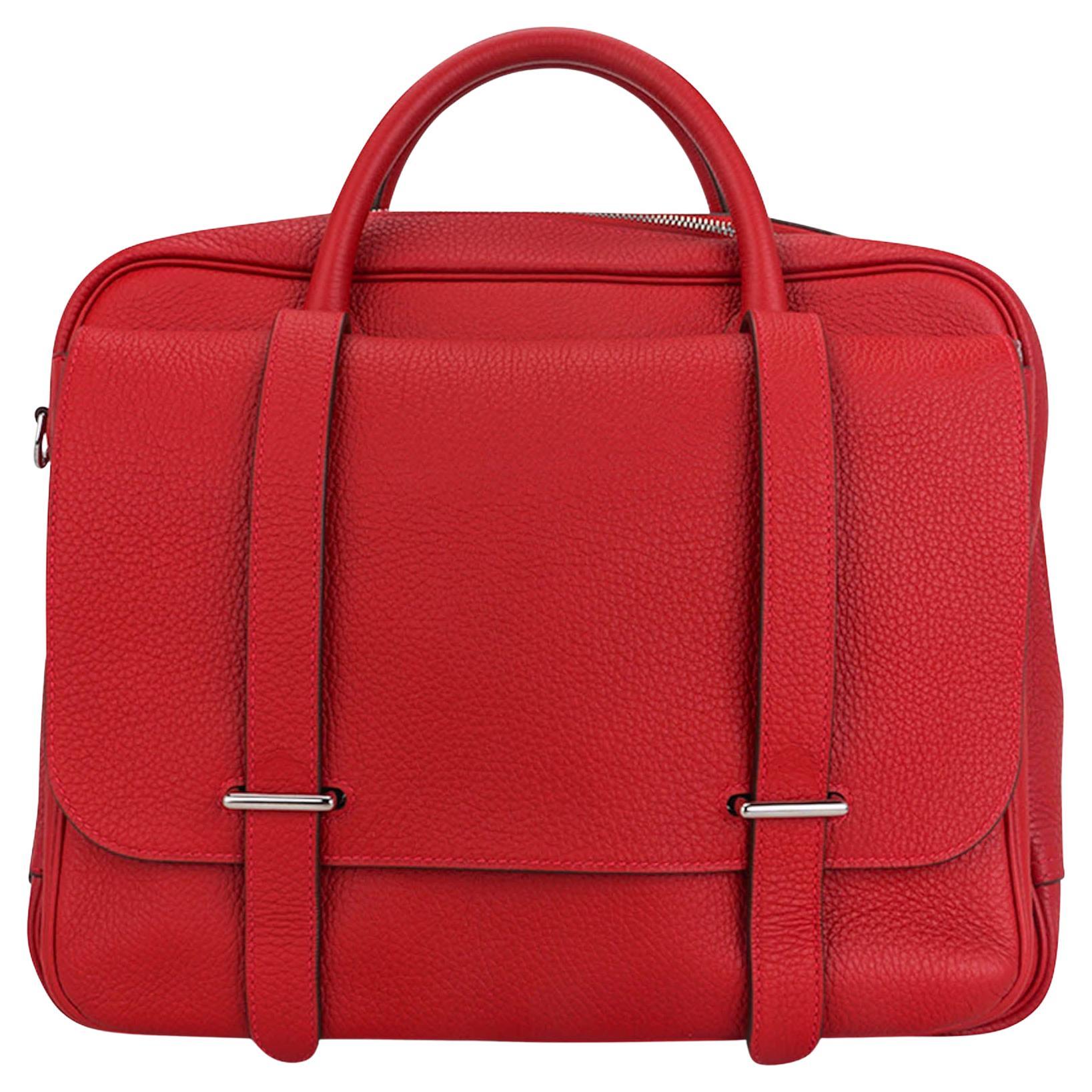 Hermes Steve Messenger 35 Borsa Rouge Casaque Clemence Pelle Palladium Hardware in vendita
