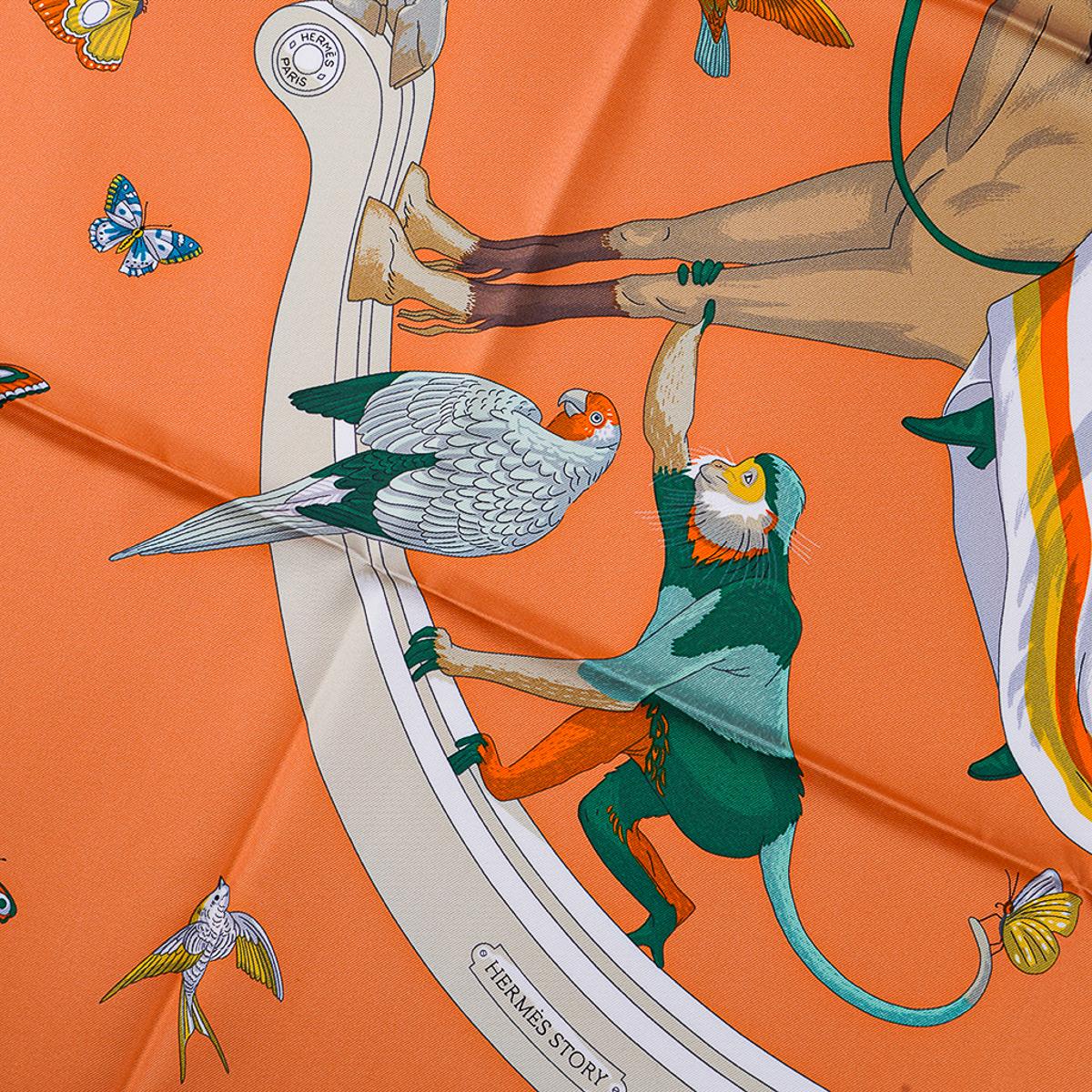 Hermes Story Abricot / Beige / Vert  Silk Scarf 90 For Sale 3