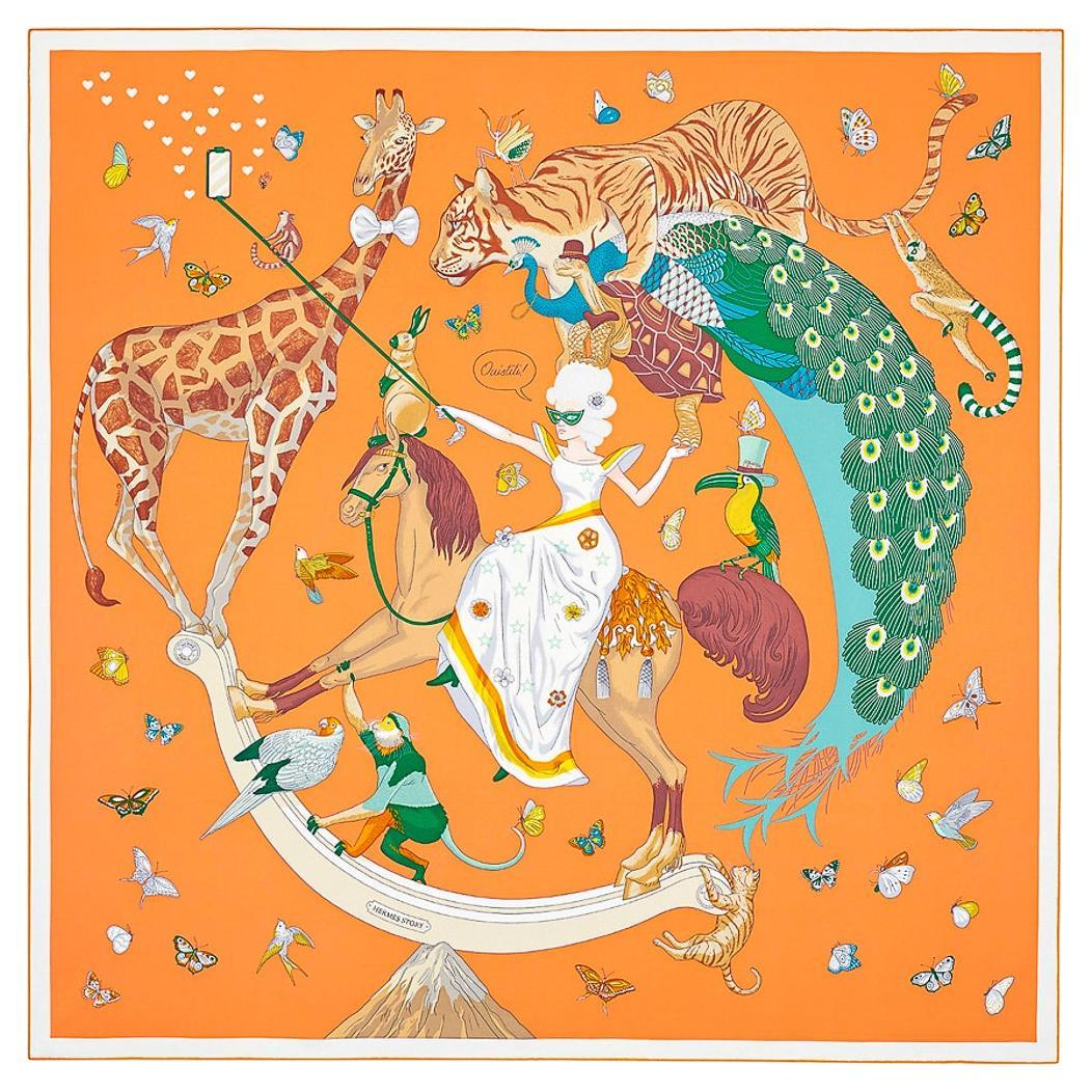 Hermes Story Abricot / Beige / Vert  Silk Scarf 90 For Sale