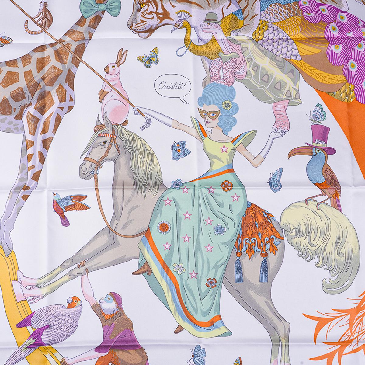 Mightychic offers an Guaranteed authentic Hermes Story scarf, designed by Jonathan Burton, pokes fun at our obsessive social media era.
In Blanc, Beige and Multicolore colorway.
Made in France.
Signature hand rolled edge.
NEW or NEVER WORN.
final