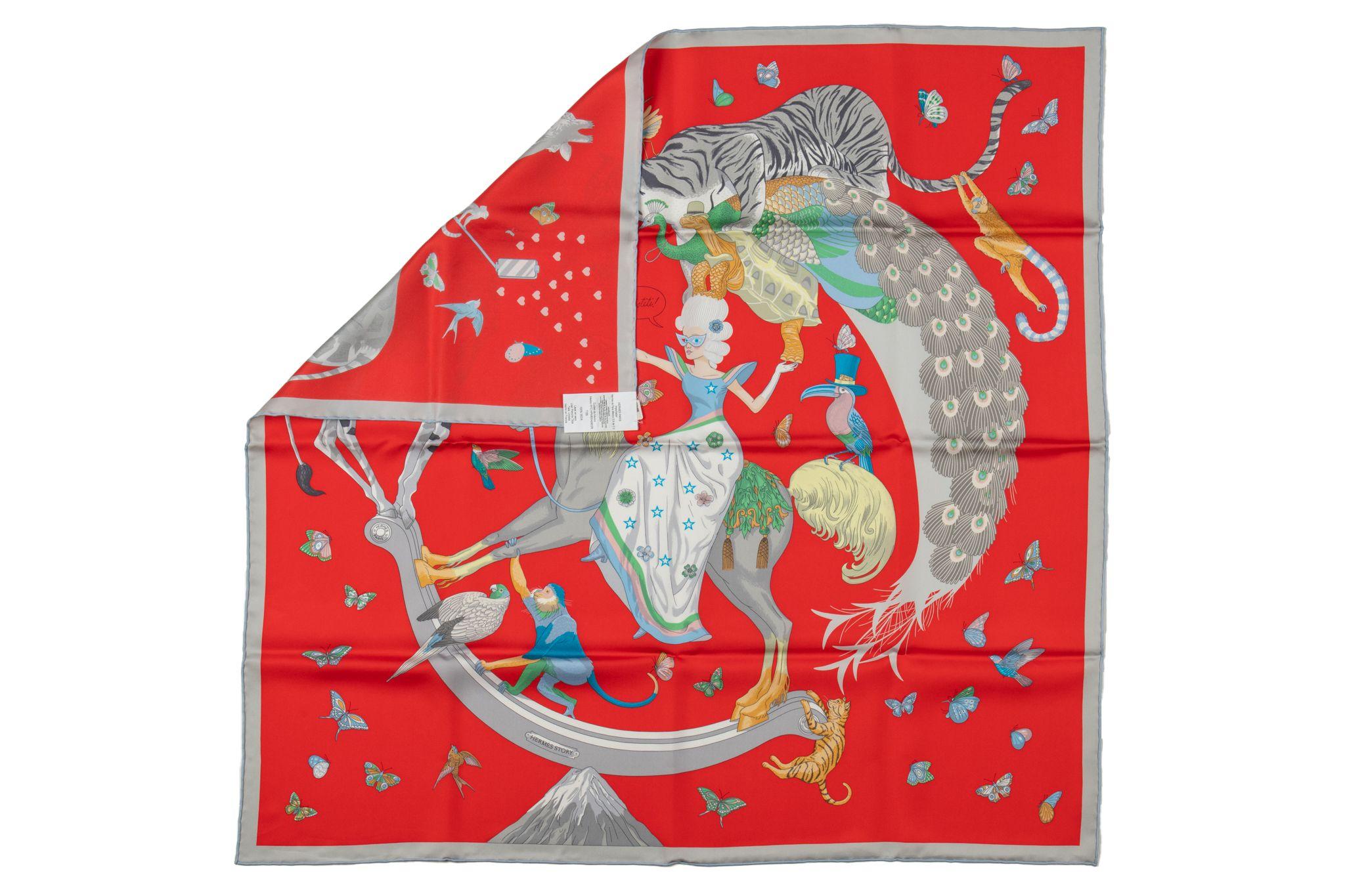 Hermès Story New Red Grey Silk Scarf In New Condition For Sale In West Hollywood, CA