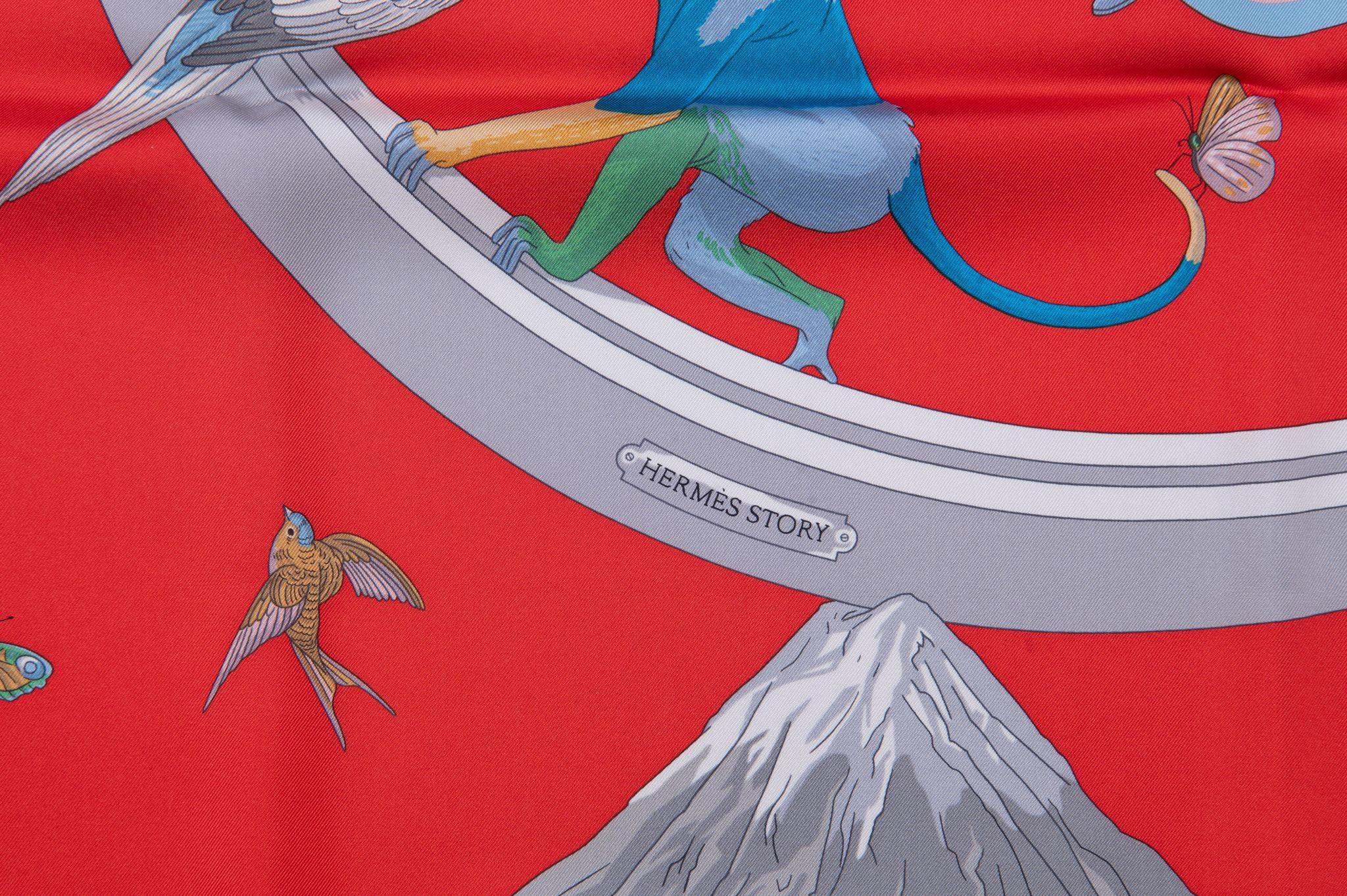 Women's or Men's Hermès Story New Red Grey Silk Scarf For Sale
