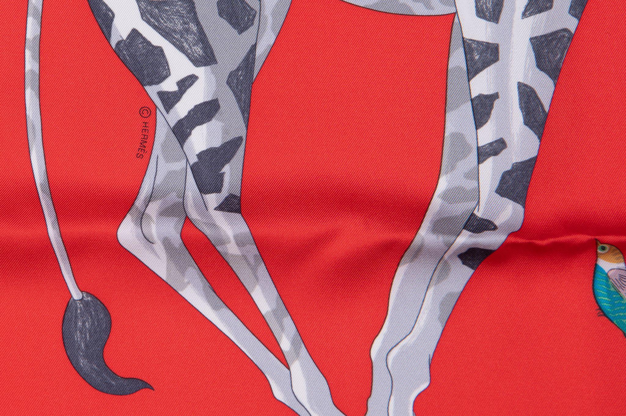 Hermès Story New Red Grey Silk Scarf For Sale 1