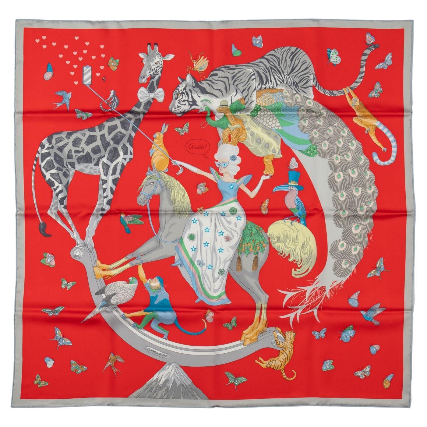 Hermès Story New Red Grey Silk Scarf For Sale